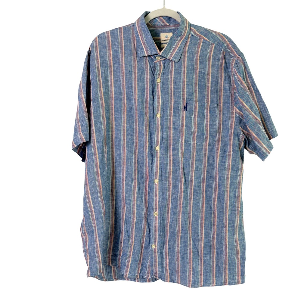 Johnnie-O Hangin Out Shirt Mens XL Blue Striped Linen Short Sleeve Button Front